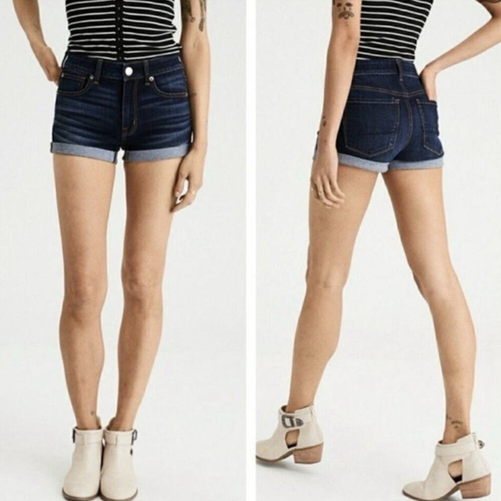 American Eagle High Rise Shortie Micro‎ Mini Dark Wash Shorts Sz 6 Super Stretch
